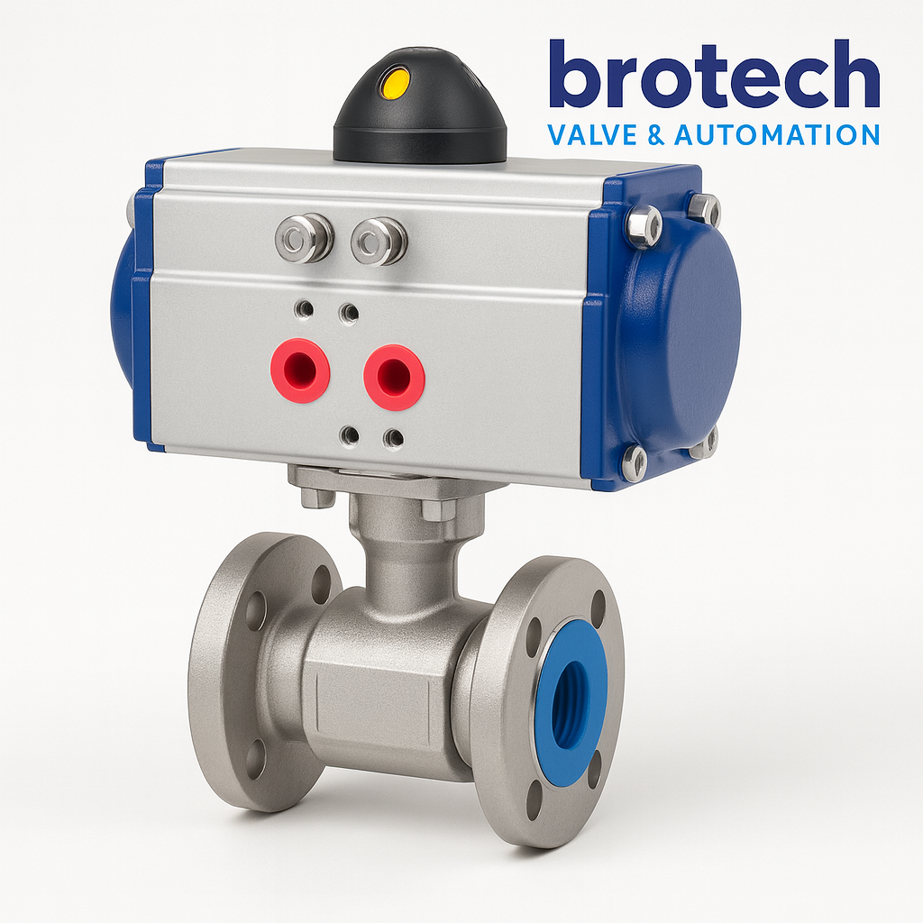 Brotech AISI 316 Paslanmaz Flanşlı Küresel Vana DN 100 (4”) – 2 Parçalı Tepe Flanşlı – Çift Etkili Pnömatik Aktüatörlü