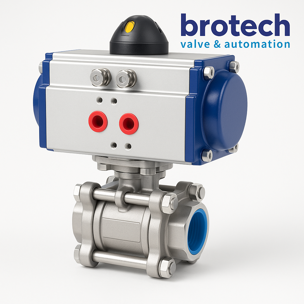 Brotech DN50 (2”) AISI 316 Pnömatik Küresel Vana | Çift Etkili | 3 Parçalı Tepe Flanşlı